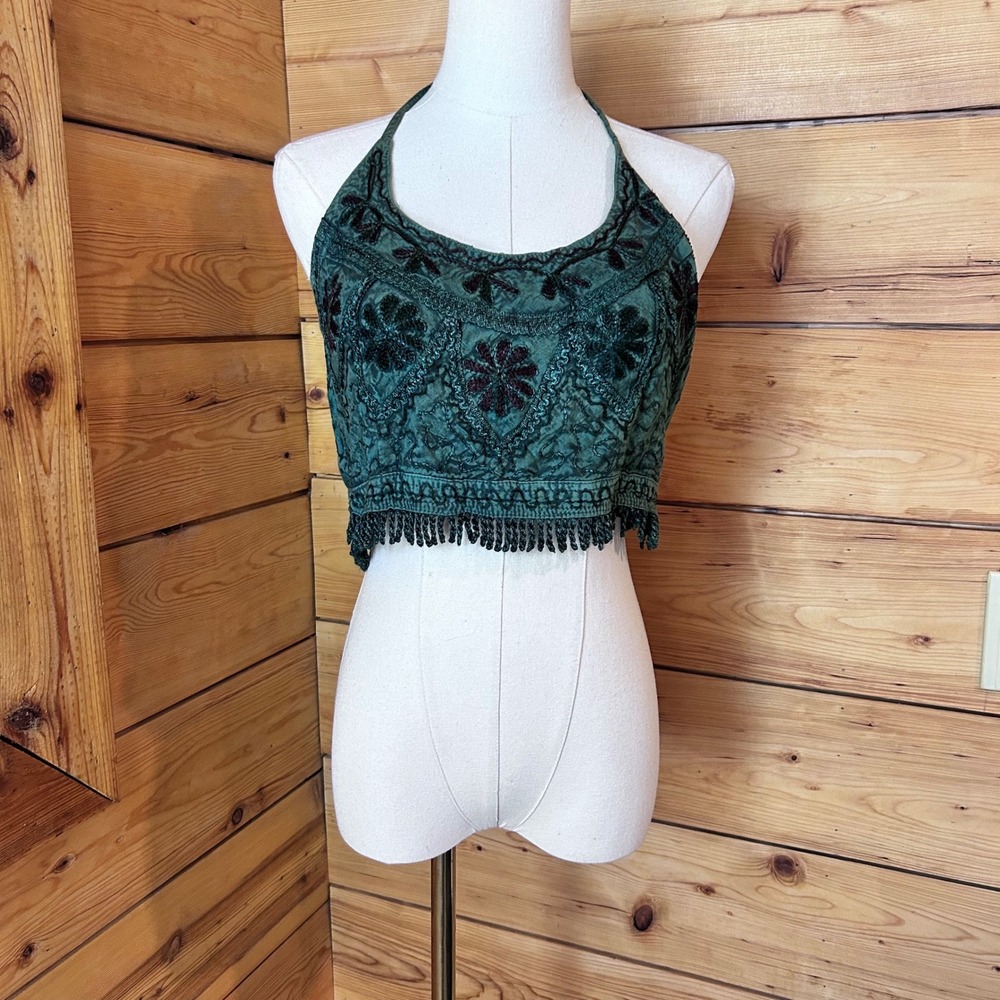 Halter Top Crop Top Women One Size Forest Green Embroidered Bunyamin Tekstil